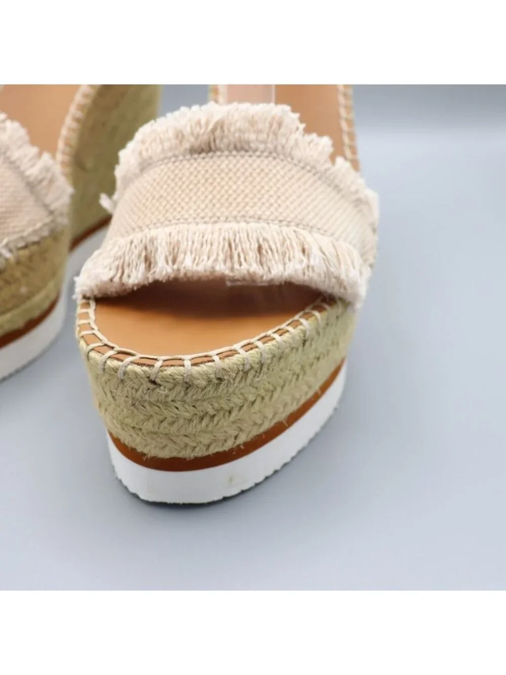 See By Chloé Glyn Frayed Canvas & Leather Espadrille Wedges 39 / US 9
